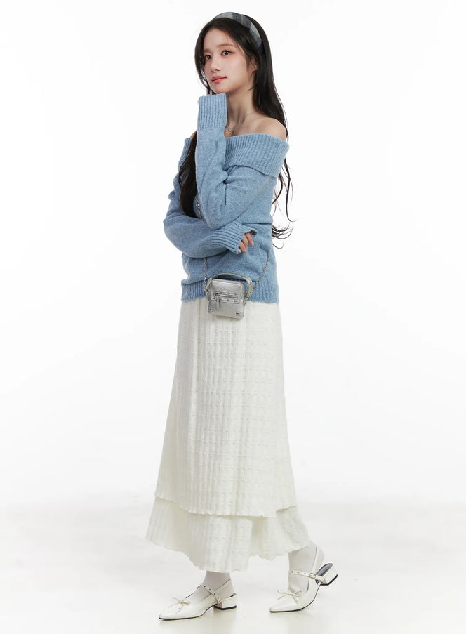 layered-textured-maxi-skirt-cn526 / White
