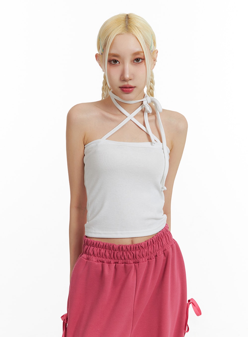 solid-halter-bowknot-cami-top-if408 / White