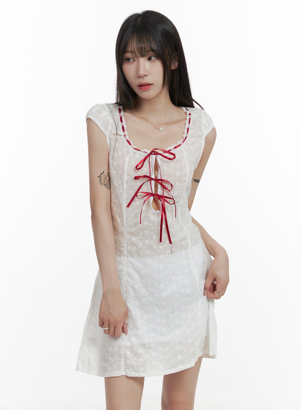 floral-ribbon-cut-out-cotton-mini-dress-oa426 / White