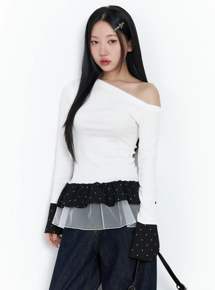 dotted-frill-long-sleeve-top-cf503 / White