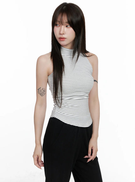 striped-high-neck-sleeveless-top-co521 / White