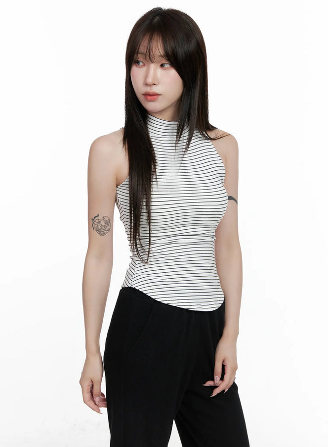 striped-high-neck-sleeveless-top-co521 / White