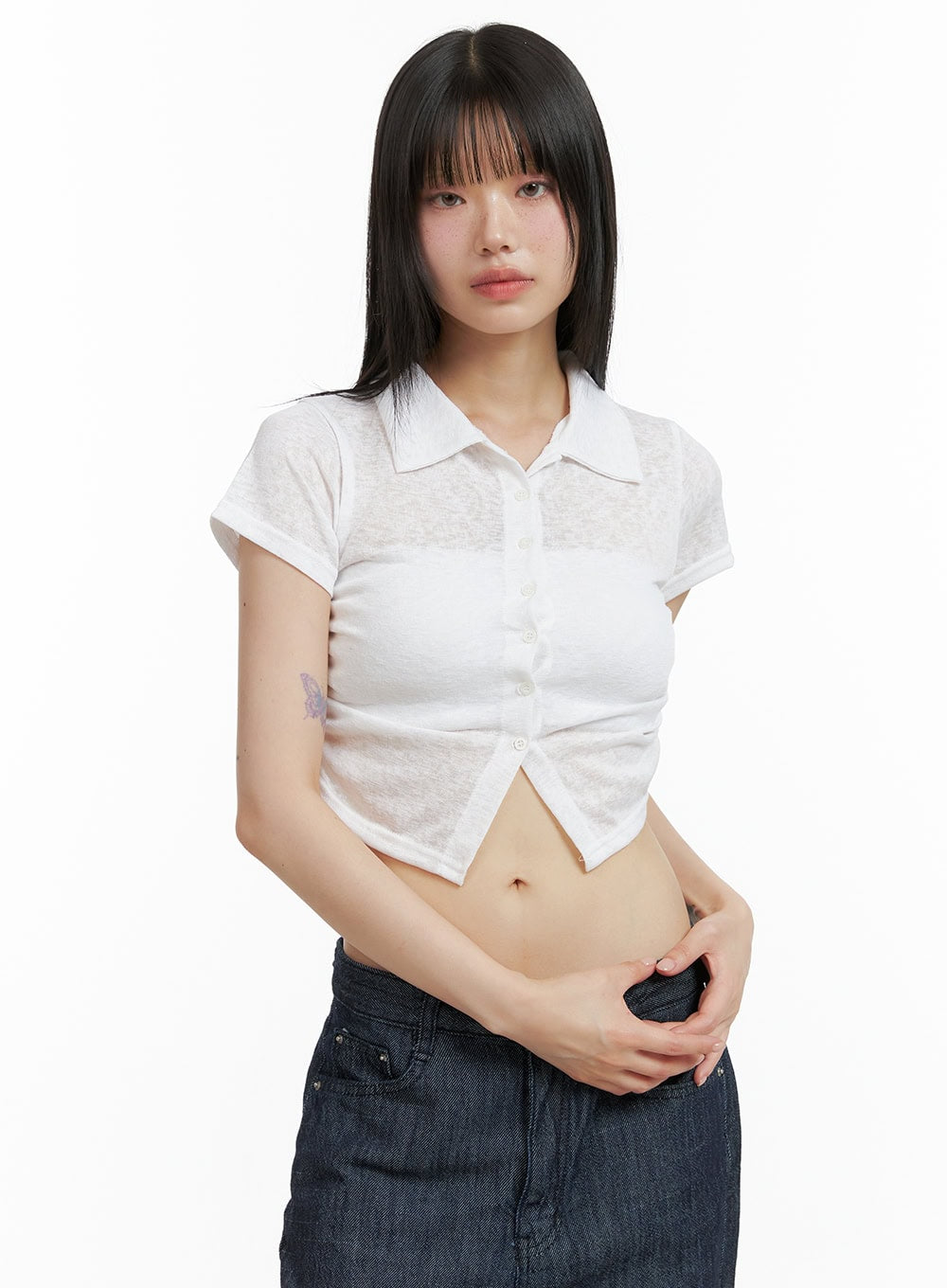 solid-mesh-crop-collar-blouse-cl403 / White