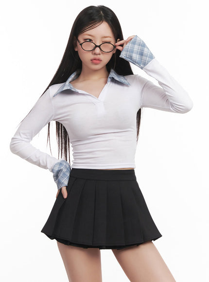 checkered-collar-long-sleeve-crop-top-cm531 / White
