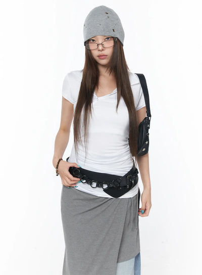 asymmetrical-snap-collar-shirred-tee-cy529 / White