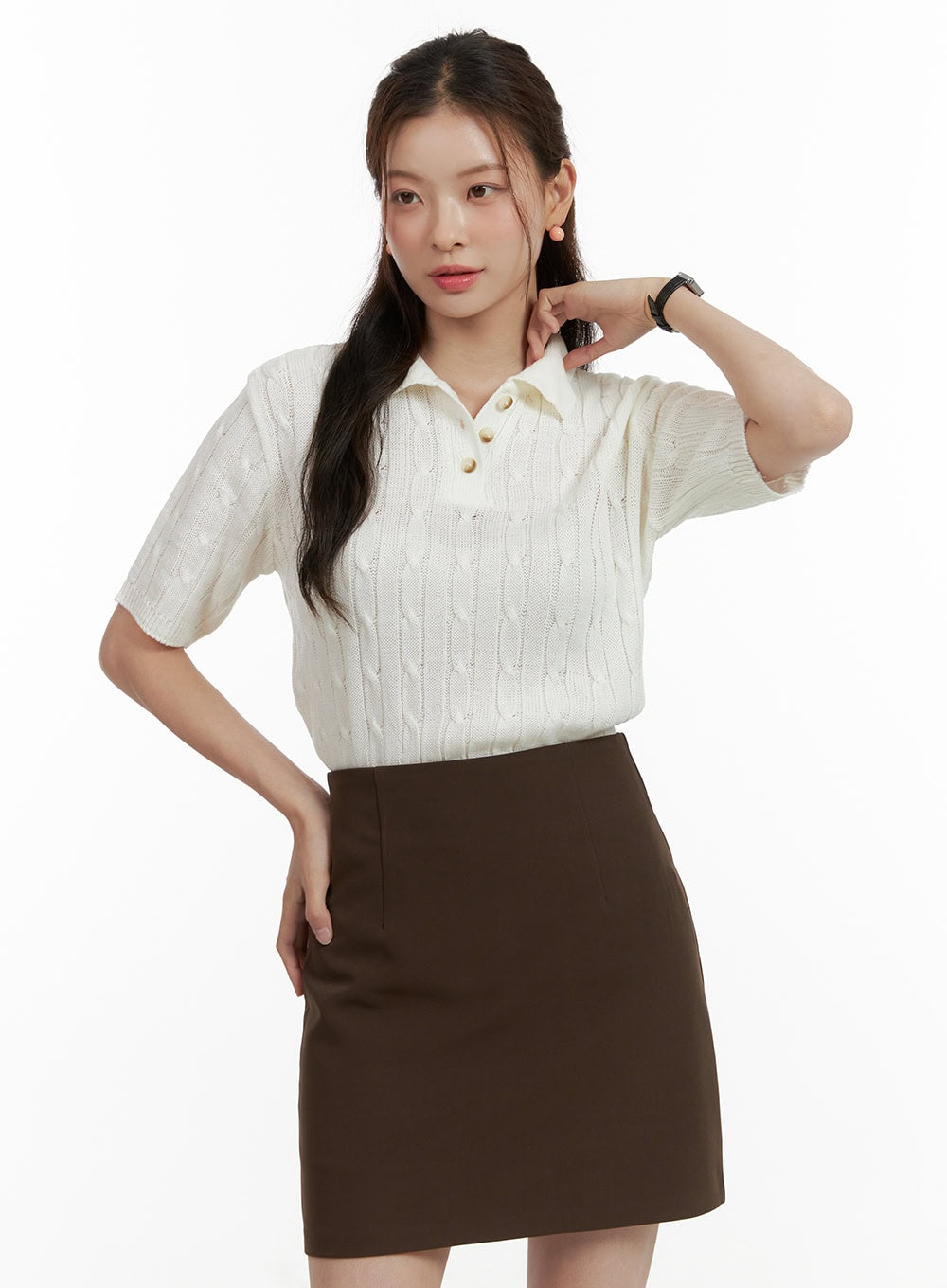 cable-knit-short-sleeve-top-ou413 / White