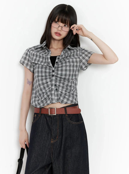 shirred-plaid-button-up-blouse-il531 / White