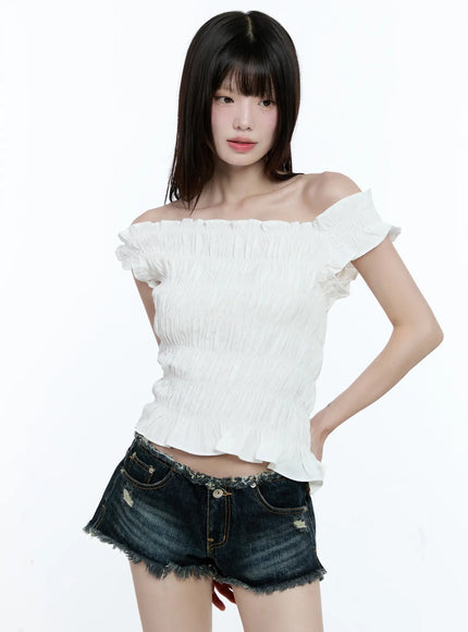 asymmetric-shirred-off-shoulder-top-cg507 / White