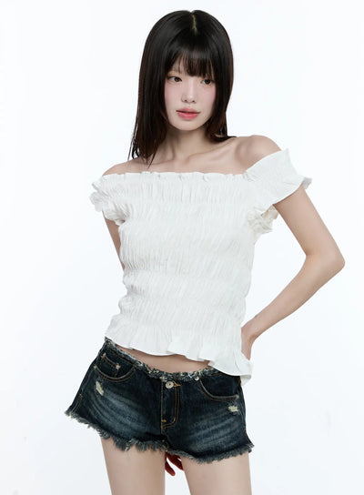 asymmetric-shirred-off-shoulder-top-cg507 / White