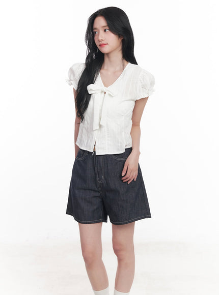 tie-puff-sleeve-crop-blouse-top-cy526 / White