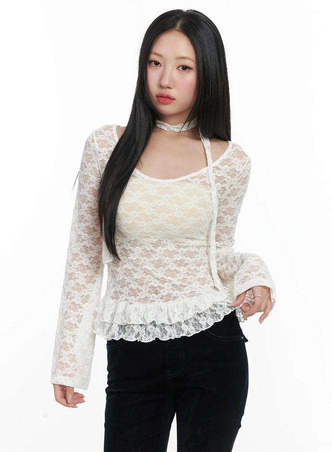 ruffle-lace-long-sleeve-top-scarf-set-cd529 / White