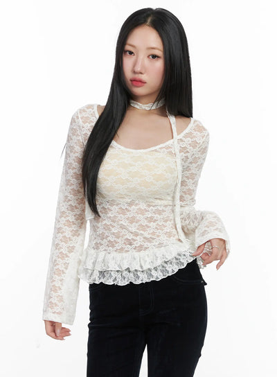 ruffle-lace-long-sleeve-top-scarf-set-cd529 / White