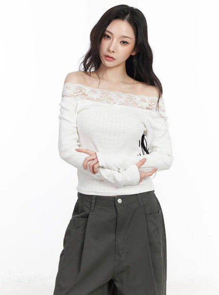 lace-off-shoulder-pointelle-long-sleeve-top-cm518 / White