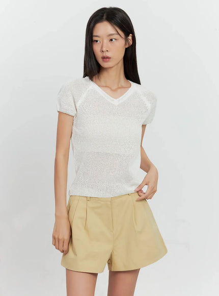 mesh-v-neck-short-sleeve-top-il528 / White