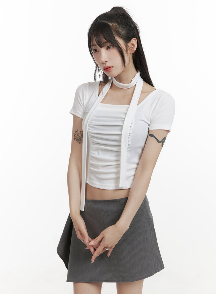 square-neck-shirred-crop-top-with-thin-scarf-cy407 / White