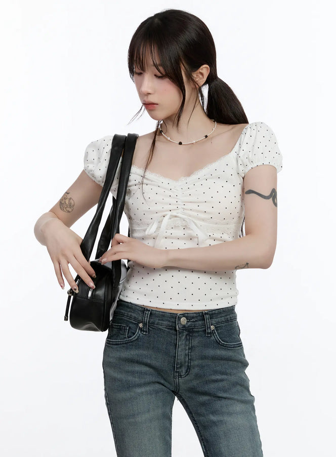 sweetheart-polka-dot-puff-sleeve-top-ca501 / White