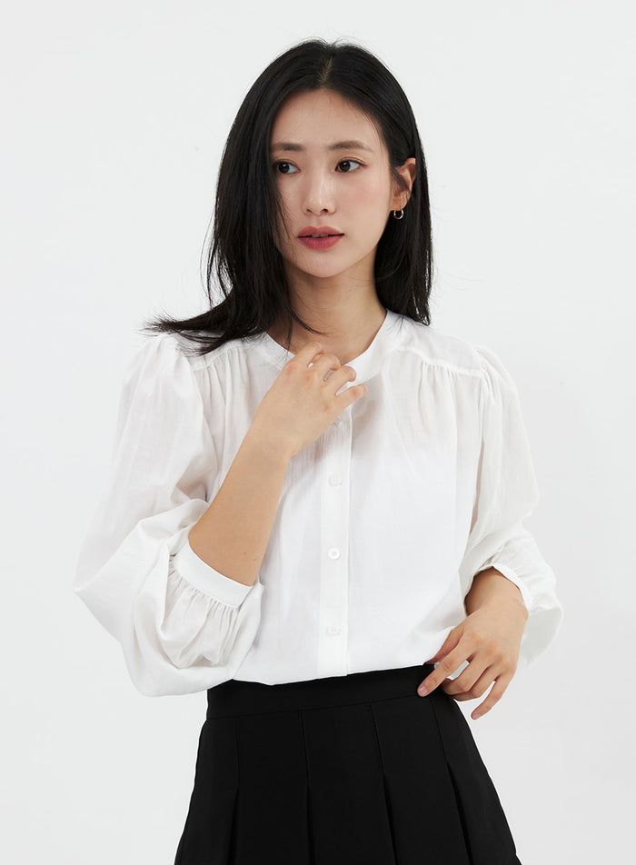 ruched-button-down-blouse-os326 / White