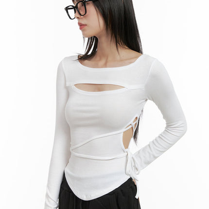 cut-out-tie-long-sleeve-crop-tee-cg426 / White