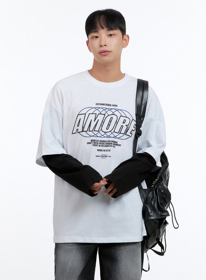 mens-oversize-cotton-graphic-layered-t-shirt-is413 / White