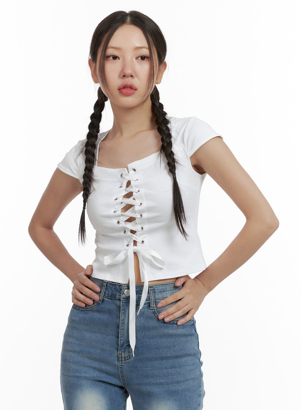 lace-up-crop-top-ol402 / White