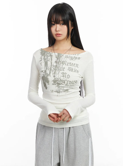 Edgy Boat Neck Graphic Long Sleeve Tee CF506