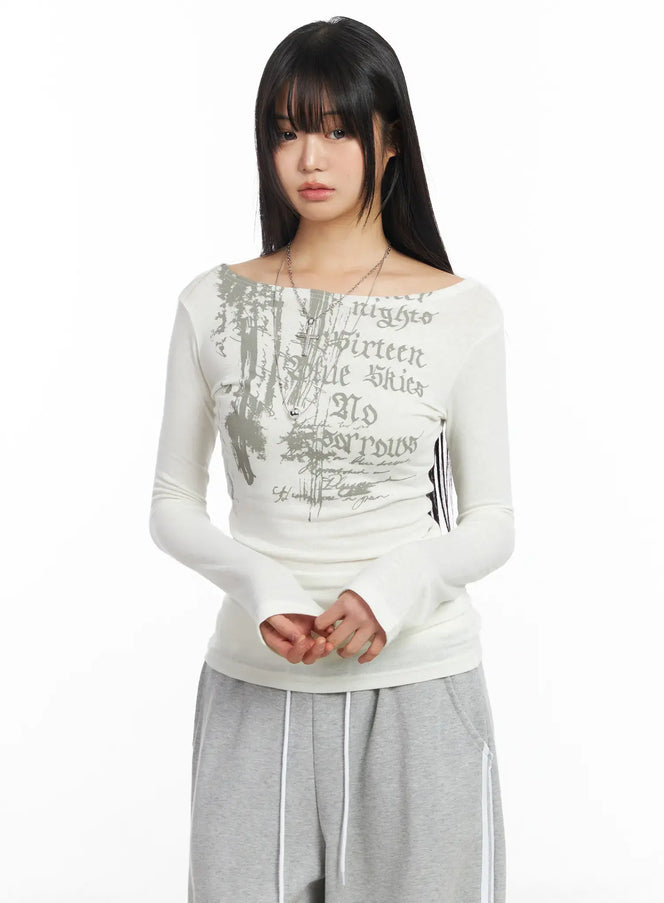 Edgy Boat Neck Graphic Long Sleeve Tee CF506