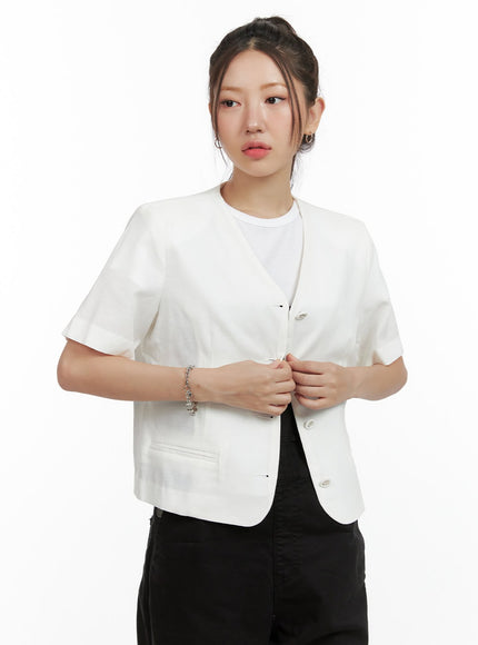 v-neck-linen-blazer-ol408 / White