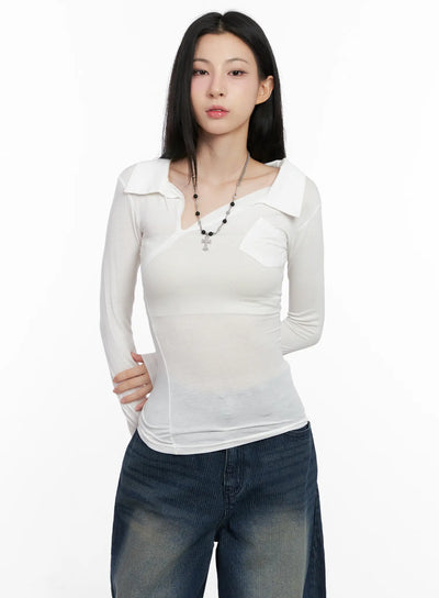 asymmetrical-collar-slim-fit-long-sleeve-top-cg526 / White