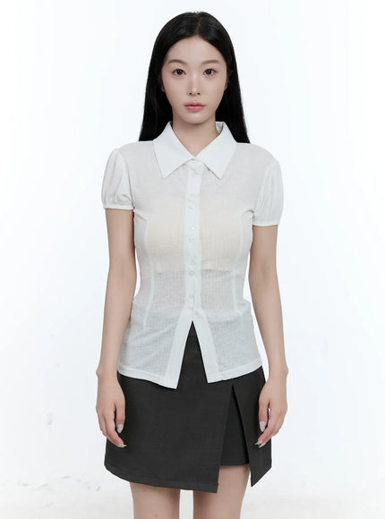 collared-puff-sleeve-button-down-blouse-cl530 / White