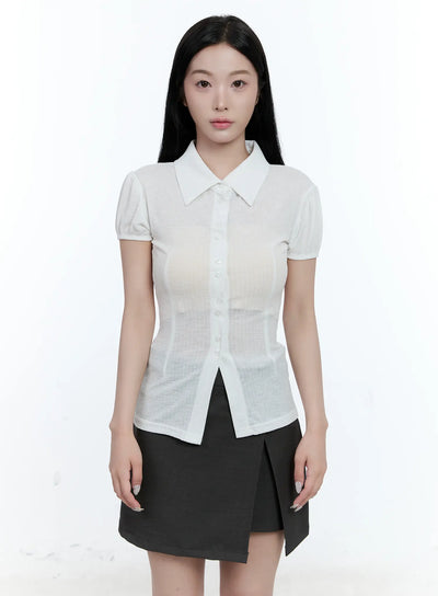 collared-puff-sleeve-button-down-blouse-cl530 / White