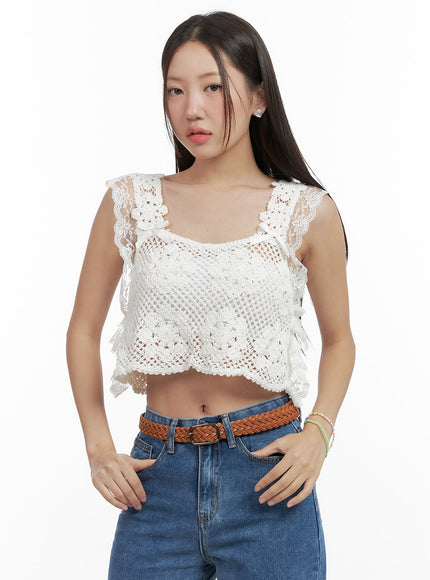 lace-crochet-sleeveless-crop-top-og407 / White