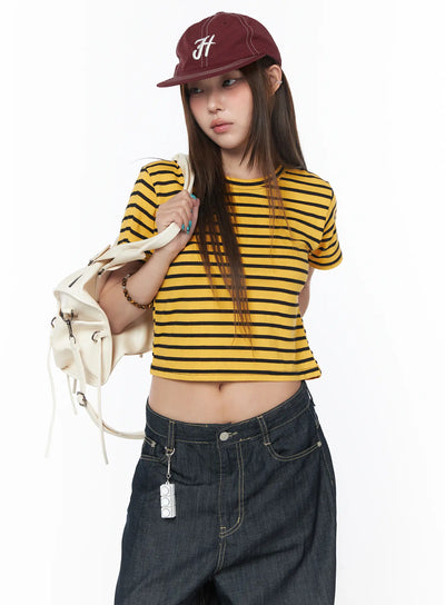 casual-striped-short-sleeve-top-cy529 / Yellow