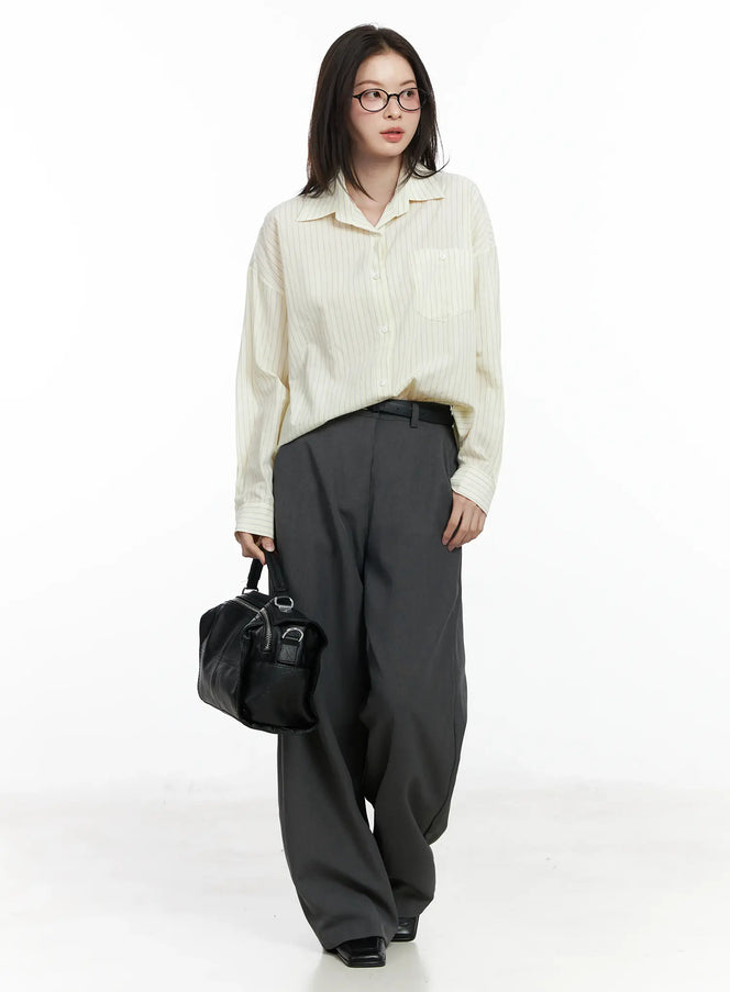 oversized-striped-button-up-shirt-if525 / Yellow