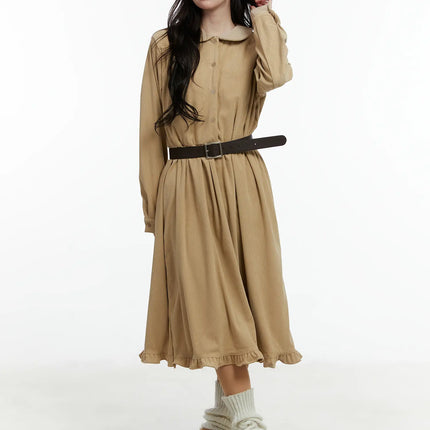collared-corduroy-long-sleeve-maxi-dress-cd523 / Beige