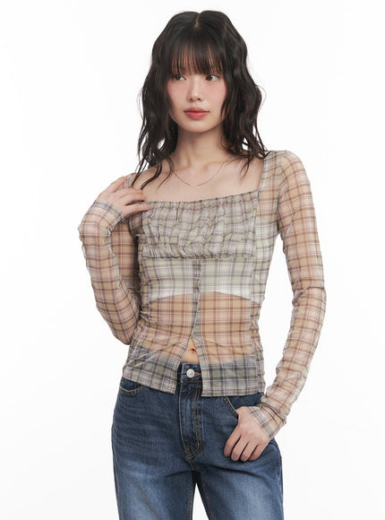 sheer-checkered-square-neck-crop-top-cm520 / Beige