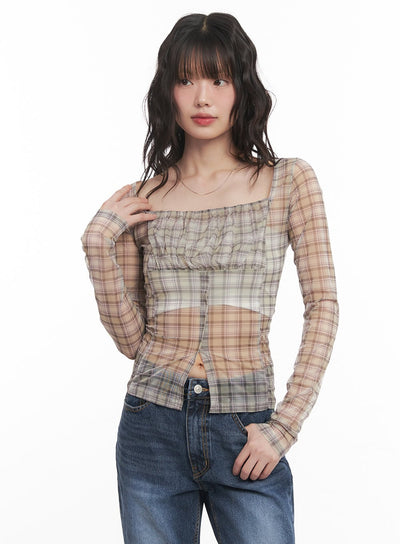 sheer-checkered-square-neck-crop-top-cm520 / Beige