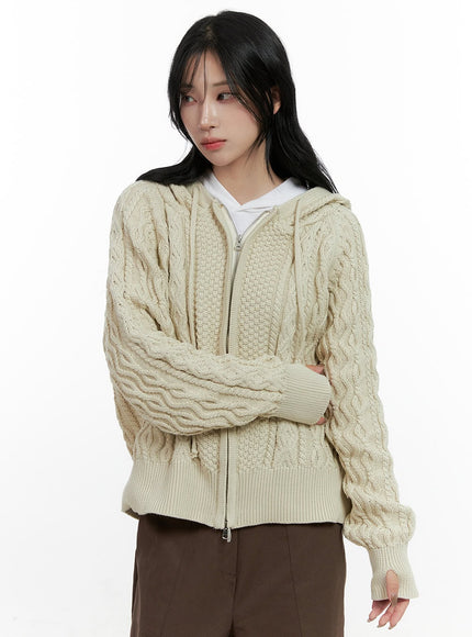 cable-knit-zip-up-hooded-sweater-cardigan-cn411 / Beige