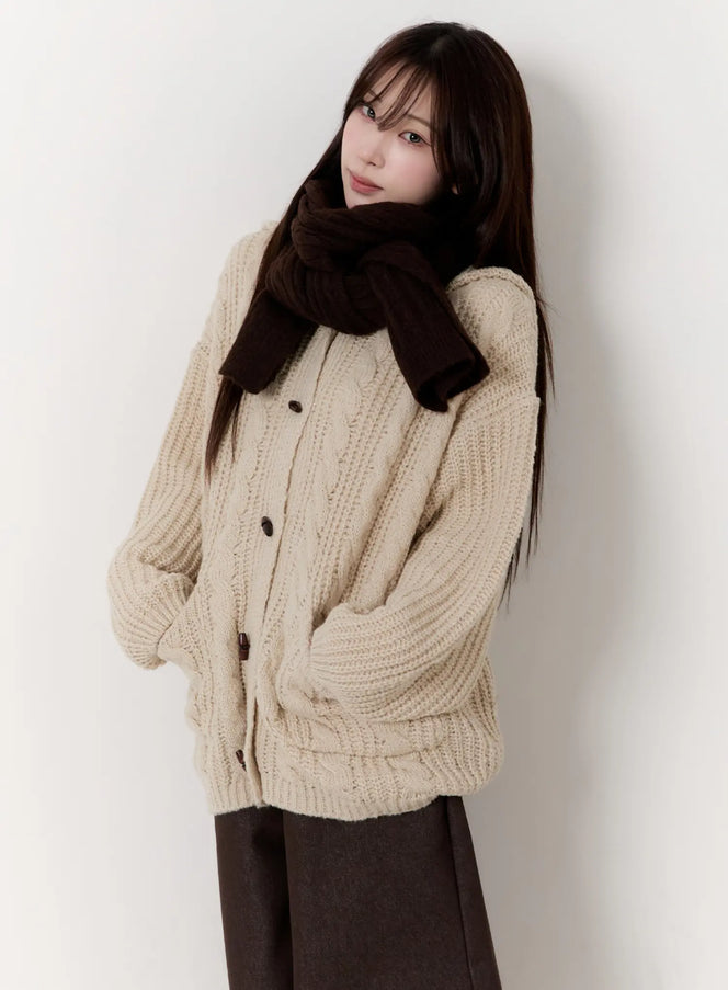 oversized-knit-button-up-hoodie-cn524 / Beige