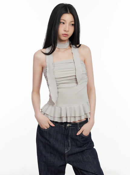 shirred-ruffle-tube-top-and-scarf-set-cl501 / Beige