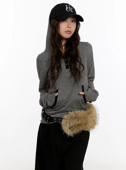 striped-button-slim-hoodie-cn527 / Black