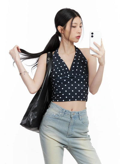 v-neck-polka-dot-halter-top-cl501 / Black