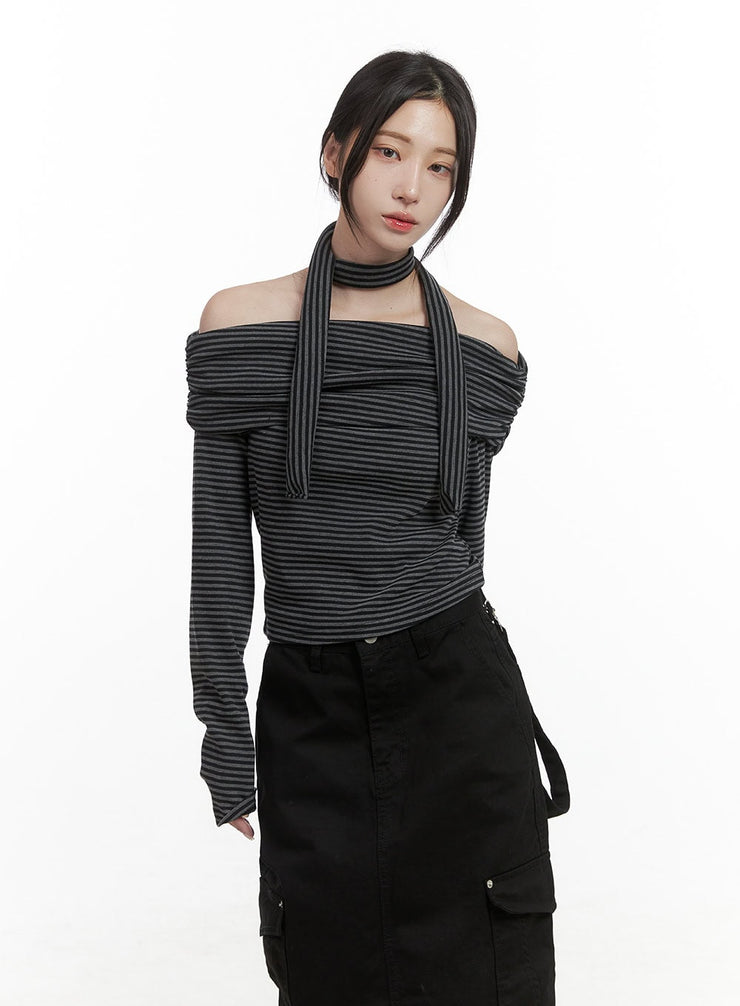 striped-off-shoulder-crop-top-scarf-set-cs430 / Black