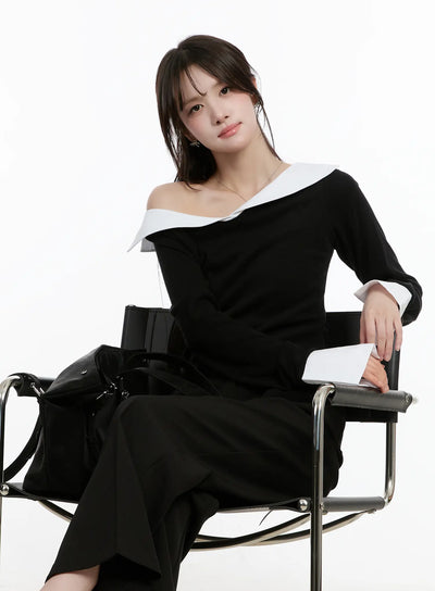 off-shoulder-contrast-long-sleeve-top-cm510 / Black