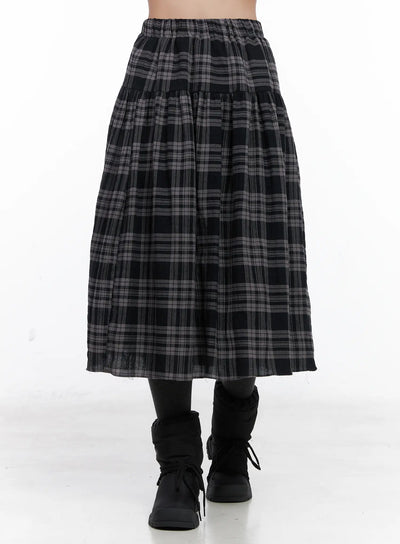 plaid-flare-maxi-skirt-cn514 / Black
