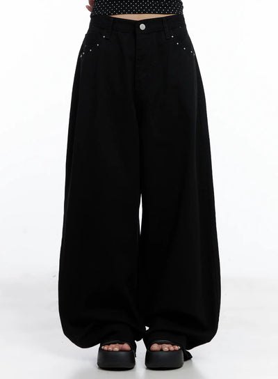 tzuyu-studded-wide-leg-cotton-pants-cl511 / Black