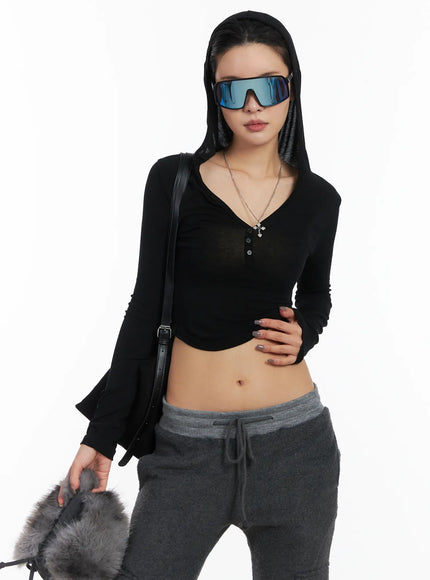 buttoned-hooded-long-sleeve-crop-top-cd509 / Black