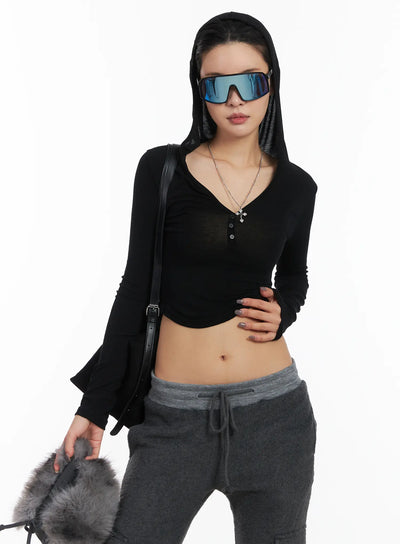 buttoned-hooded-long-sleeve-crop-top-cd509 / Black