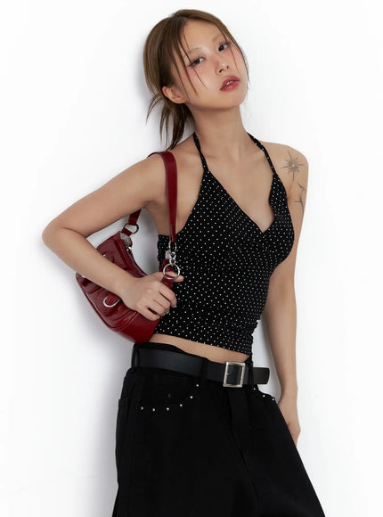 polka-dot-halter-v-neck-sleeveless-top-cl511 / Black