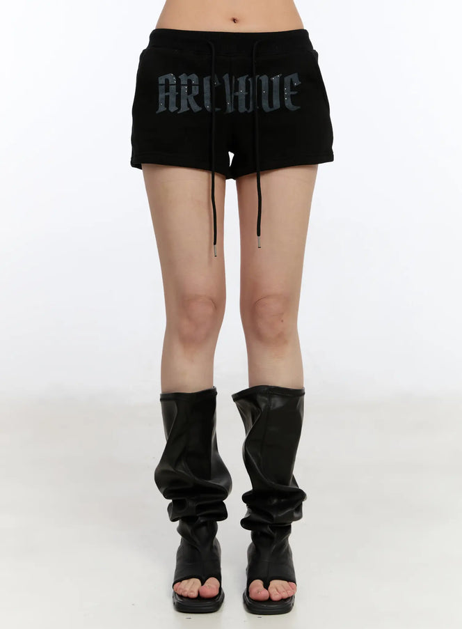 graphic-print-high-waist-shorts-ca508 / Black