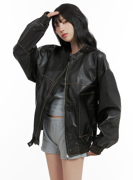 oversized-faux-leather-bomber-jacket-unisex-cg420 / Black